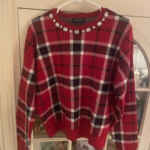 Rachel Zoe Red and Black Plaid Sweater with Embellished Neckline